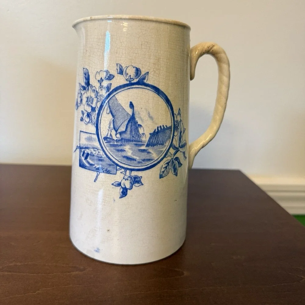Antique Stoneware Pitcher Salt Glazed Nautical Floral Fruit Motif 6.75
